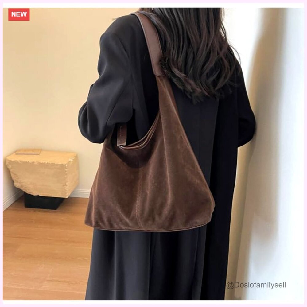 Suede Hobo Tote Bag Elegant Minimal Chic Work Purse Shoulder Bag Fall Aesthetics - Picture 5 of 7
